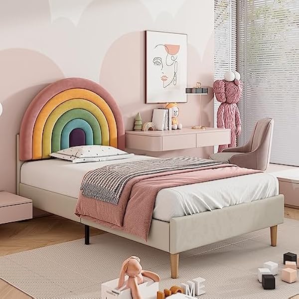 Azkoeesy Cama tapizada de terciopelo, cama individual acolchada, con somier de láminas y cabecero de arco iris, máx. 150 kg (beis, 90 x 200 cm)